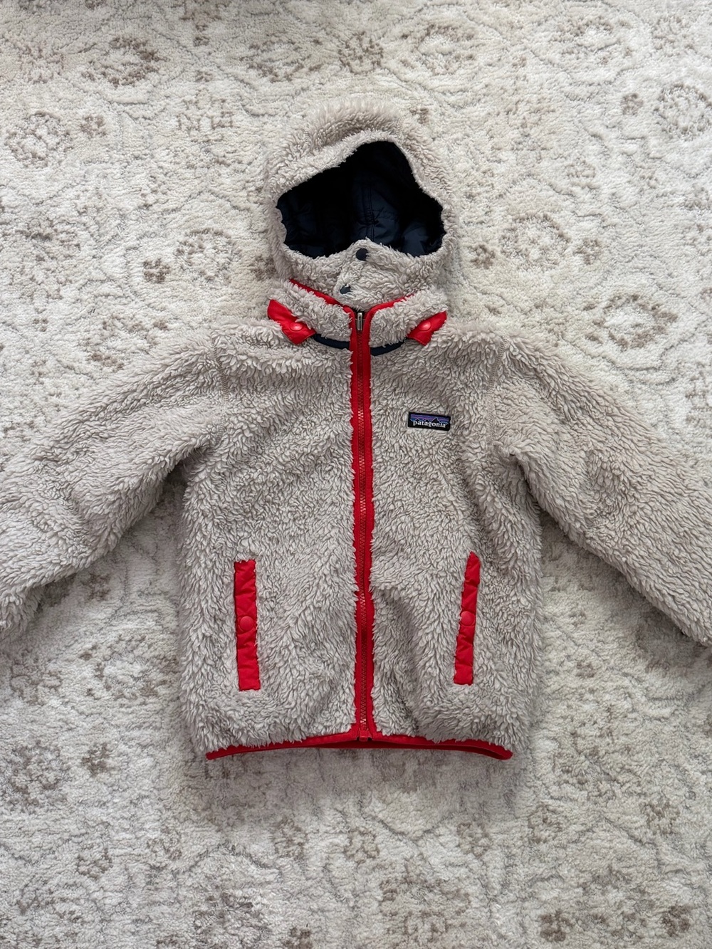 Patagonia Toddler Reversible Tribbles Hoodie Navy Blue Teddy Sherpa Puffer Coat